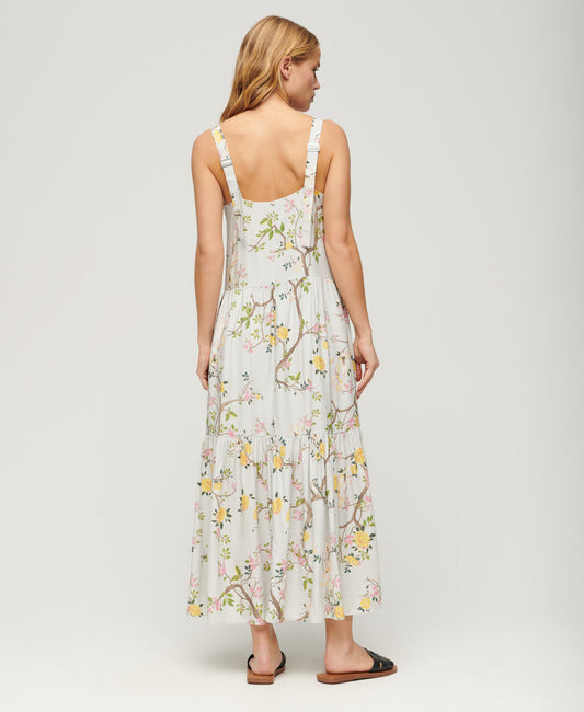 Woven Tiered Maxi Dress | Blossom Birds Grey