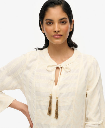 Ibiza Long Sleeve Tiered Mini Dress | Dusty Ecru