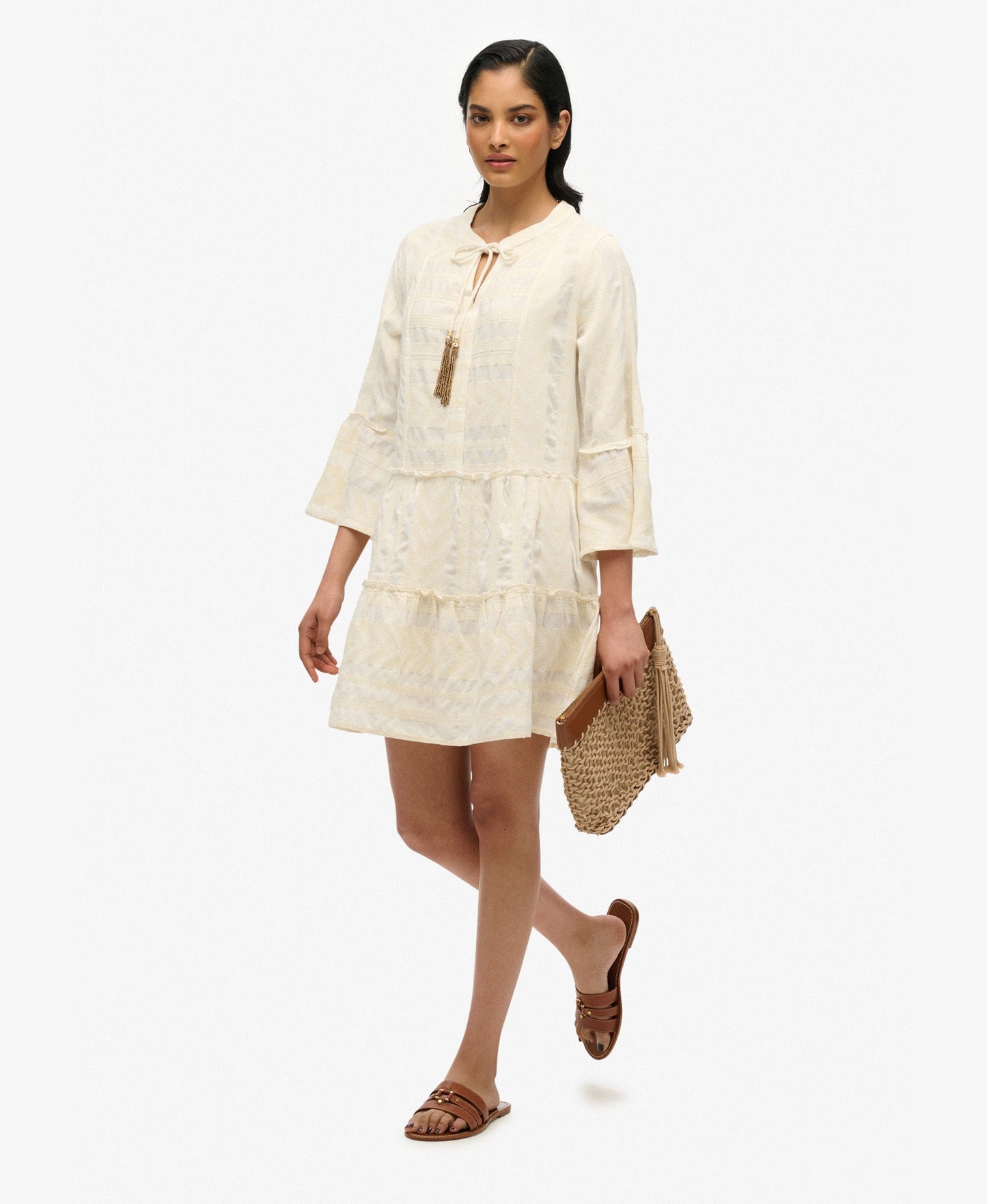 Ibiza Long Sleeve Tiered Mini Dress | Dusty Ecru